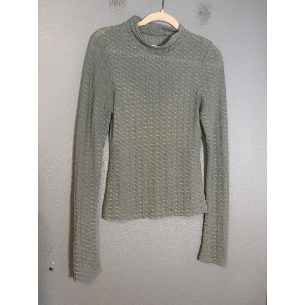 The Noli Shop Sage Green Sheer Popcorn Textured Mock Neck Long Sleeve Top Size M - Picture 2 of 6